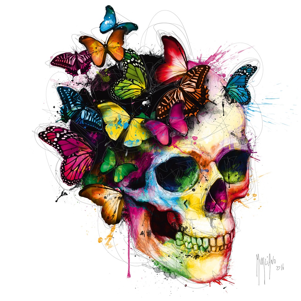 Patrice Murciano, Les couleurs de l´âme II (Skull, Torenkopf, Schädel, Punk, Schmetterlinge, flower power, Frisur, Kopfbedeckung, Pop Art, Leuchtfarben, Neon, Schrill, Modern, Malerei, Jugendzimmer, Wohnzimmer,  bunt)