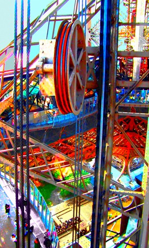 Lisa TOMAS, Lumière d´été (Eiffelturm, Streben, Eisenstreben, Seilwinde, Paris, Wahrzeichen, Konstruktion, Detail, Fotokunst, Jugendzimmer, Wohnzimmer,, Treppenhaus, Wunschgröße, neon/ bunt)