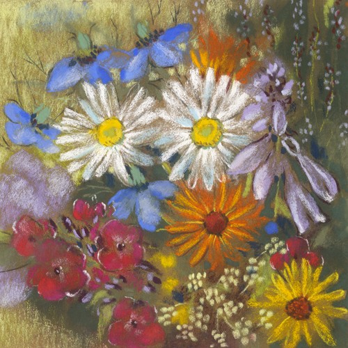 Loes Botman, Sommerblüten 1 (Blumenstrauß, Sommerblumen, bunter Strauß, Blumen, Blütenblätter, Blüten, Botanik, Pflanze, Esszimmer, Wohnzimmer, Treppenhaus, Wunschgröße, Malerei, bunt)