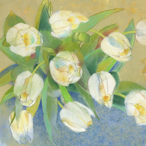 Loes Botman, Weiße Tulpen 1 (Tulpen, Blütenblätter, Blüten, Botanik, Pflanze, Esszimmer, Wohnzimmer, Treppenhaus, Wunschgröße, Malerei, bunt)