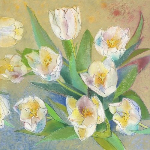 Loes Botman, Weiße Tulpen 2 (Tulpen, Blütenblätter, Blüten, Botanik, Pflanze, Esszimmer, Wohnzimmer, Treppenhaus, Wunschgröße, Malerei, bunt)