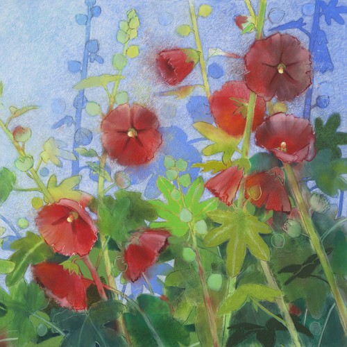 Loes Botman, Malven 2 (Wunschgröße, Malerei, Natur, Malven, Malvenblüten, Zweig, Blüten, Botanik, Pflanze,  Schlafzimmer, Treppenhaus, bunt)