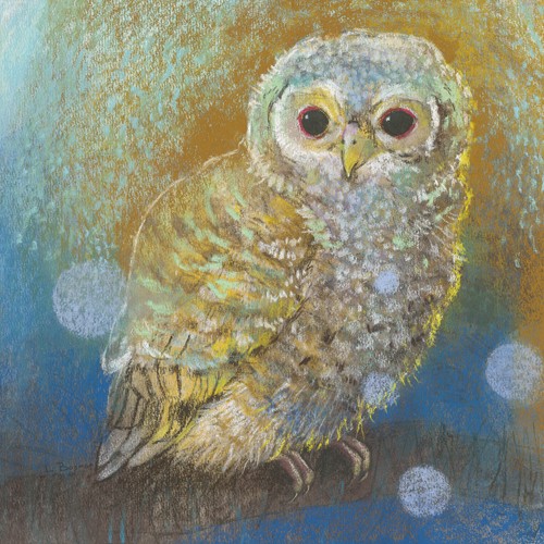 Loes Botman, Junger Waldkauz (Käuzchen, Greifvögel, Nachtjäger, Raubvogel, niedlich, Vogel, Tiere, Wohnzimmer, Treppenhaus, Wunschgröße, Malerei, bunt)