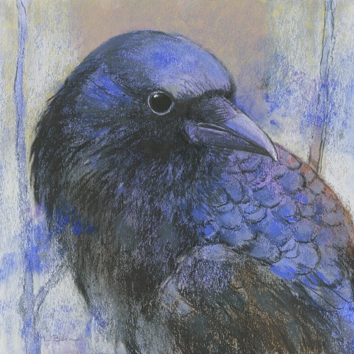 Loes Botman, Krähe (Krähe, Räuber, diebisch,  Gruppe, Vogel, Tiere,  Ornithologie, Wohnzimmer, Treppenhaus, Wunschgröße, Malerei, bunt)