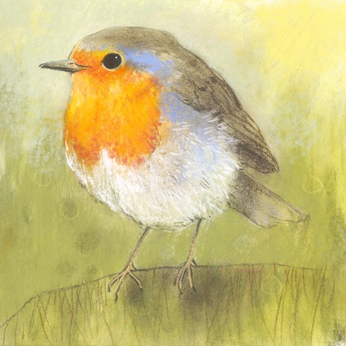 Loes Botman, Rotkehlchen (Rotkehlchen, niedlich, putzig, aufgeweckt, Vogel, Tiere, Ornithologie,  Wohnzimmer, Treppenhaus, Wunschgröße, Malerei, bunt)