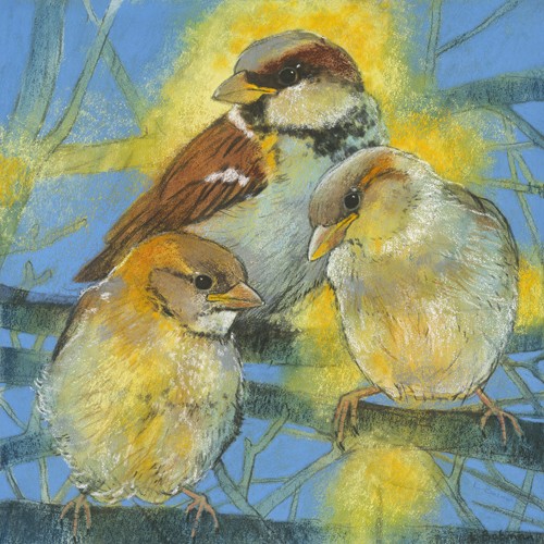 Loes Botman, Spatzen (Sperling, Spatz, niedlich, putzig, aufmerksam, Vogel, Tiere, Ornithologie,  Wohnzimmer, Treppenhaus, Wunschgröße, Malerei, bunt)
