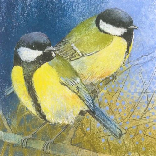 Loes Botman, Kohlmeisen (Meisen, Kohlmeisen, niedlich, putzig, aufmerksam, Vogel, Tiere, Ornithologie,  Wohnzimmer, Treppenhaus, Wunschgröße, Malerei, bunt)