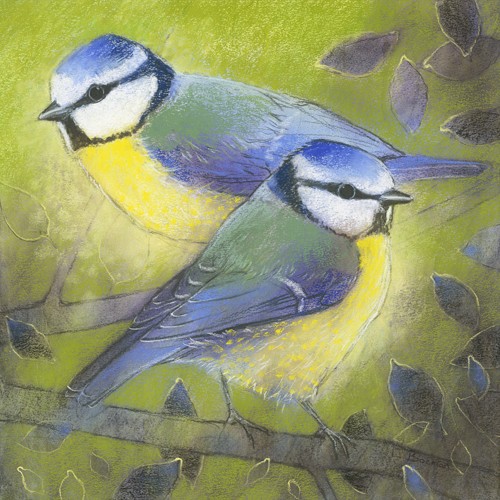 Loes Botman, Blaumeisen (Meisen, Blaumeisen, Meisen, niedlich, putzig, aufmerksam, Vogel, Tiere, Ornithologie, Wohnzimmer, Treppenhaus, Wunschgröße, Malerei, bunt)