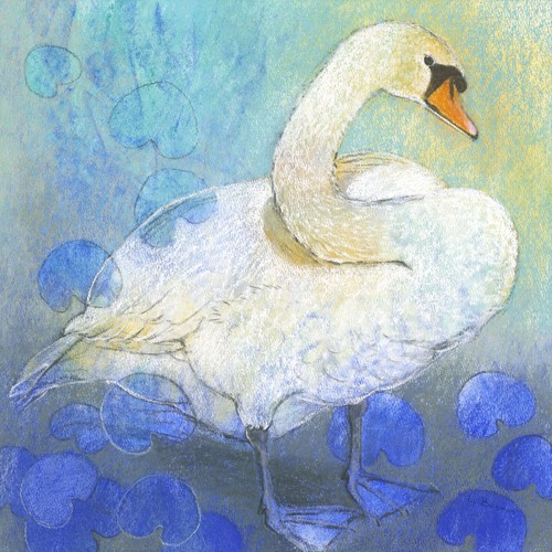 Loes Botman, Schwan (Schwan, Wasservogel, Schwanenhals, aufmerksam, Vogel, Tiere, Ornithologie, Wohnzimmer, Treppenhaus, Wunschgröße, Malerei, bunt)