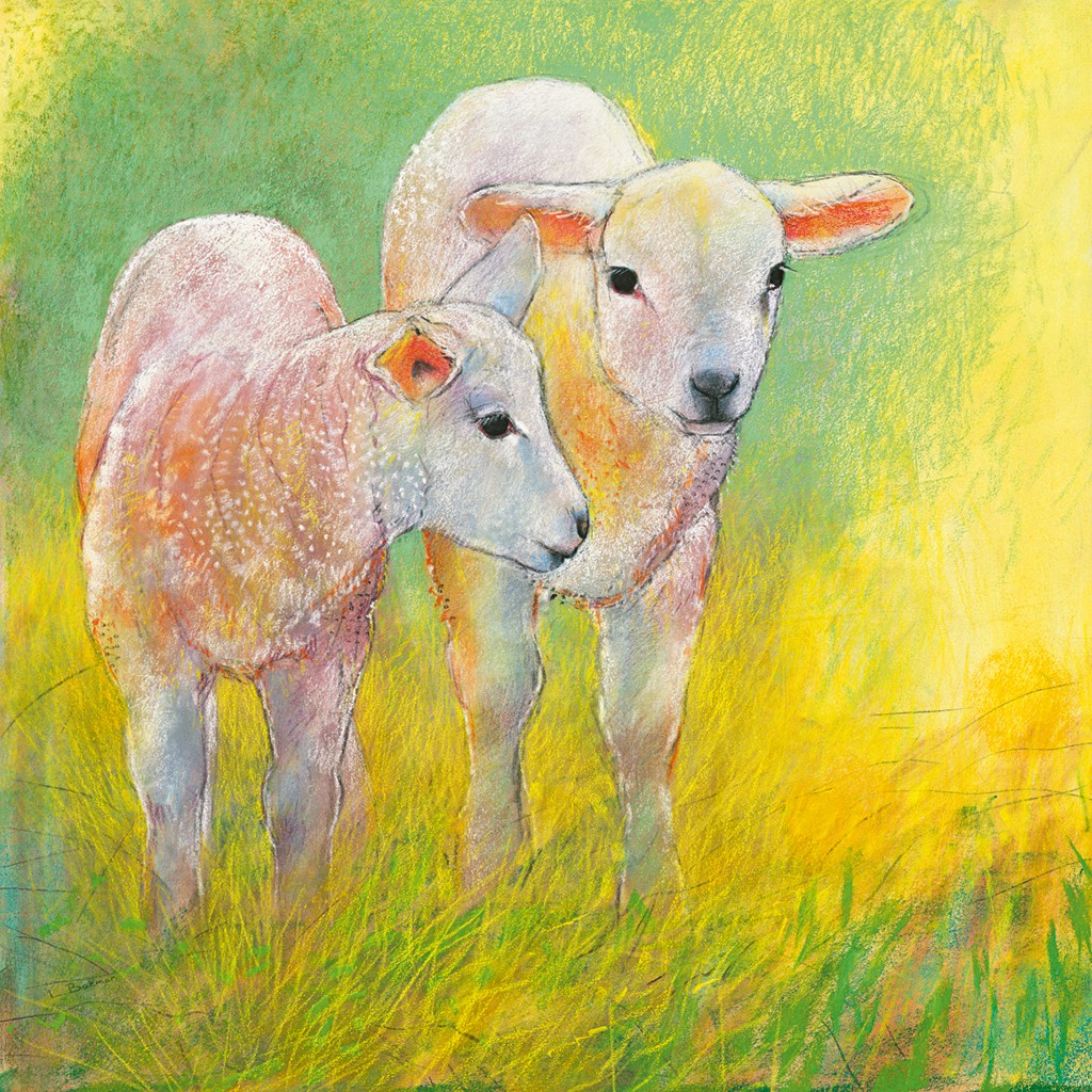 Loes Botman, Lämmer (Lamm, Tierbaby, putzig, niedlich, Nutztiere, Tiere, Wohnzimmer, Treppenhaus,   Malerei, bunt)