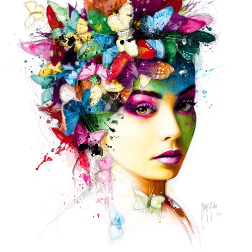 Patrice Murciano, L'Effet Papillon (Punk, Schmetterlinge, flower power, Frisur, Kopfbedeckung, Portrait, Mädchen, Profil, Pop Art, Leuchtfarben, Neon, Schrill, Modern, Malerei, Jugendzimmer, Wohnzimmer, Wunschgröße, bunt)