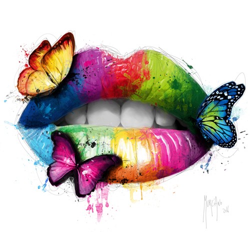 Patrice Murciano, Butterfly Kiss (Pop Art, Erotik, Punk, Mund, Lippen, Schmetterlinge, Kuss, Sexy, sinnlich, Leuchtfarben, Neon, Schrill, Modern, Malerei, Jugendzimmer, Wohnzimmer, Jugendzentrum,  bunt)