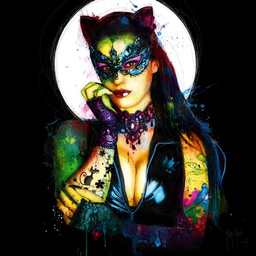 Patrice Murciano, Lady Cat (Pop Art, Punk, Frau, sexy, Dekoltee, Katzenohren, Augenmaske, Vollmond, Leuchtfarben, Neon, Schrill, Modern, Malerei, Jugendzimmer, Wohnzimmer, Jugendzentrum, bunt)