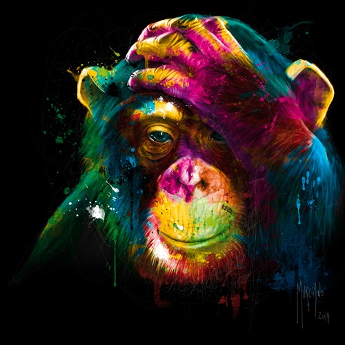 Patrice Murciano, The Darwin’s Preoccupations (Pop Art, Affe, Schimpanse, Tier, Tierportrait, nachdenklich, Leuchtfarben, Neon, Schrill, Modern, Malerei, Jugendzimmer, Wohnzimmer, Jugendzentrum,  bunt)