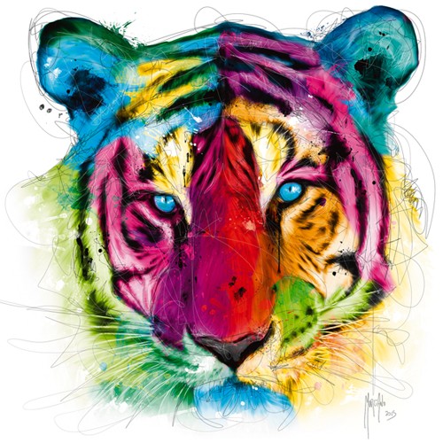 Patrice Murciano, Tiger Pop (Pop Art, Tiger, Tierportrait, Tigerkopf, Tier, Blick, aufmerksam, dynamisch, Leuchtfarben, Streifen, Neon, Schrill, Modern, Malerei, Jugendzimmer, Wohnzimmer, Treppenhaus,  bunt)