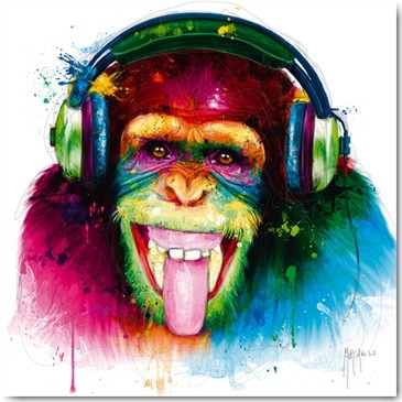 Patrice Murciano, DJ Monkey (Pop Art, Disc Jockey, Affee, Schimpanse, Kopfhöhrer, Zunge, frech, witzig, Humor, Leuchtfarben, Neon, Schrill, Modern, Malerei, Jugendzimmer, Wohnzimmer, Jugendzentrum, bunt)