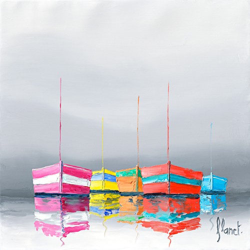 Frédéric Flanet, Reflets II (Malerei, Moderne Malerei, Meeresbrise, Landschaften, Meer, Segelboote, Spiegelung, Reflexion, Wohnzimmer, Treppenhaus, bunt)