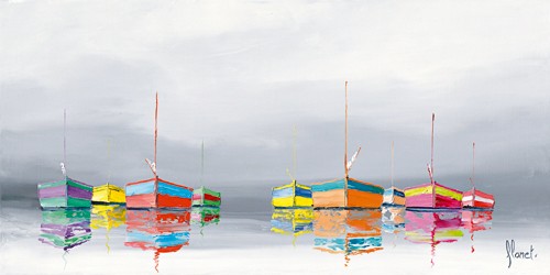 Frédéric Flanet, Les barques (Malerei, Moderne Malerei, Meeresbrise, Meer, diffus, Dunst, Segelboote, Spiegelung, Reflexion, Bretagne, Frankreich, Atlantik, Wohnzimmer, Treppenhaus,  grau / bunt)