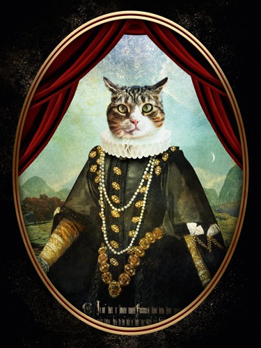 André Sanchez, Lady Mimosa (Katze, Katzenkopf, Körper Frauenkörper, barocke Mode, Halskrause, Antropomorphismus kurios, Mischwesen, Wohnzimmer, Treppenhaus, bunt)