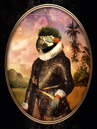 André Sanchez, Amiral Nestor (Papagei, Ara, Papageienkopf, menschlicher Körper, barocke Mode, Halskrause, Antropomorphismus, kurios, Mischwesen, Wohnzimmer, Treppenhaus, bunt)