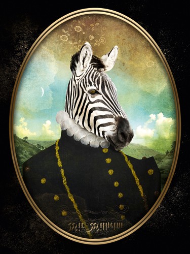 André Sanchez, Professor Barnabe (Zebra, Zebrakopf, menschlicher Körper, barocke Mode, Halskrause, Antropomorphismus, kurios, Mischwesen, Wohnzimmer, Treppenhaus, bunt)