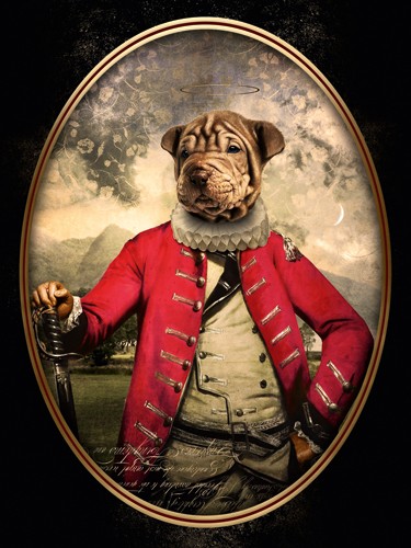 André Sanchez, Count Anatol (Hund, Faltenhund, Hundekopf, menschlicher Körper, barocke Mode, Halskrause, Antropomorphismus, kurios, Mischwesen, Wohnzimmer, Treppenhaus, bunt)