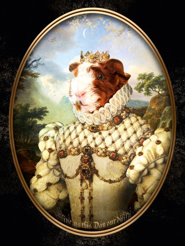 André Sanchez, Madam Chanel (Hamster, Nagetier, Hamsterkopf, menschlicher Körper, barocke Mode, Halskrause, Antropomorphismus, kurios, Mischwesen, Wohnzimmer, Treppenhaus, bunt)