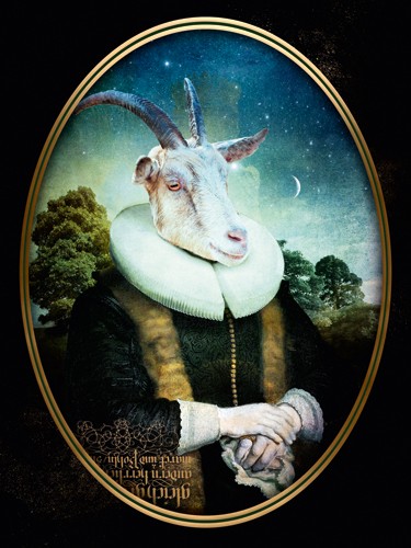 André Sanchez, Doctor Papaye (Ziegenbock, Ziegenhörner, Ziegenkopf, menschlicher Körper, barocke Mode, Halskrause, Antropomorphismus, kurios, Mischwesen, Wohnzimmer, Treppenhaus, bunt)