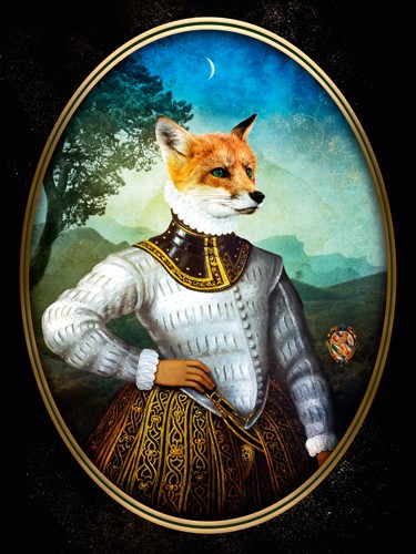 André Sanchez, Lord Stanley (Fuchs, Fuchskopf, menschlicher Körper, barocke Mode, Halskrause, Antropomorphismus, kurios, Mischwesen, Wohnzimmer, Treppenhaus, bunt)