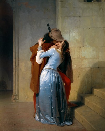 Francesco Hayez, Der Kuss (Malerei, Romantik, Liebe, Historienmalerei,  Liebespaar, Umarmung, Kuss, Abschied, Schlafzimmer, Wohnzimmer,   bunt)