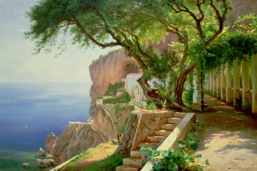 Carl Frederic Aagaard, Amalfi (Amalfiküste, Italien, Landschaftsmalerei, Klippen, Treppe, Terrasse, Weg, mediterran, Meer, Klassiker, Wohnzimmer)