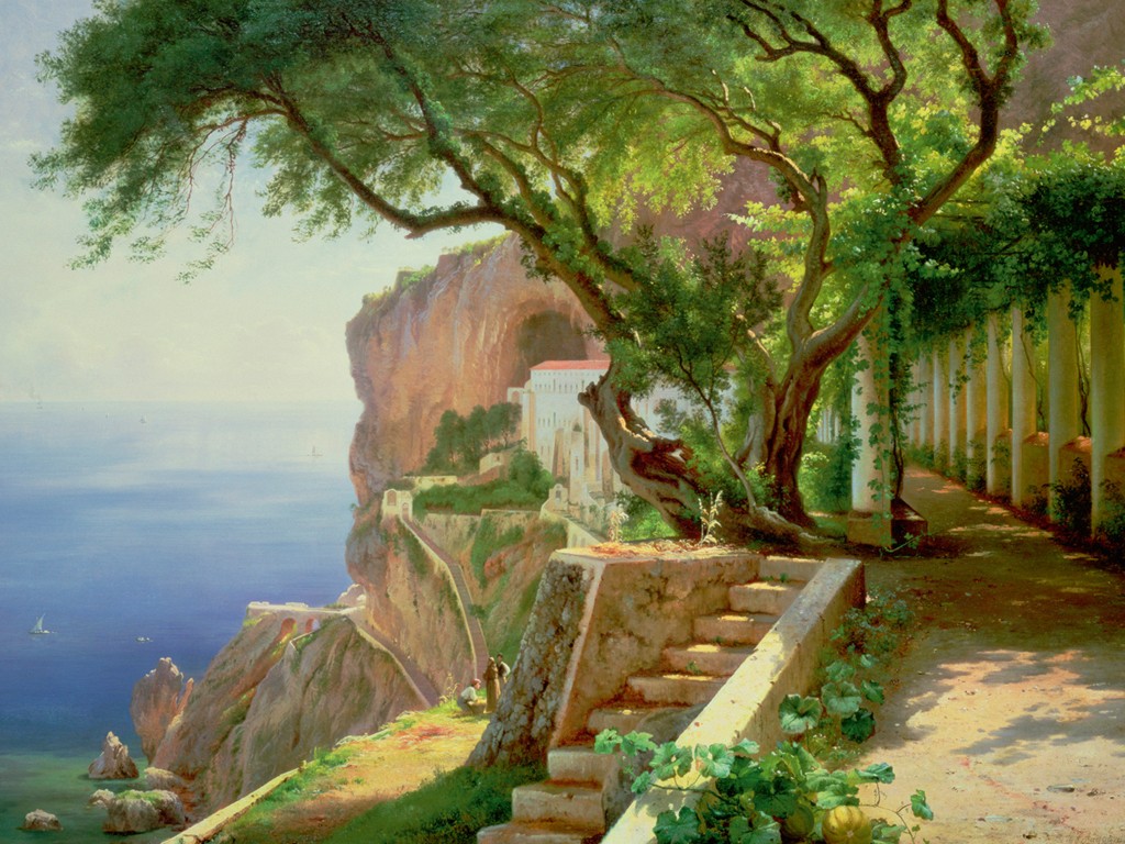 Carl Frederic Aagaard, Amalfi (Amalfiküste, Italien, Landschaftsmalerei, Klippen, Treppe, Terrasse, Weg, mediterran, Meer, Klassiker, Wohnzimmer)