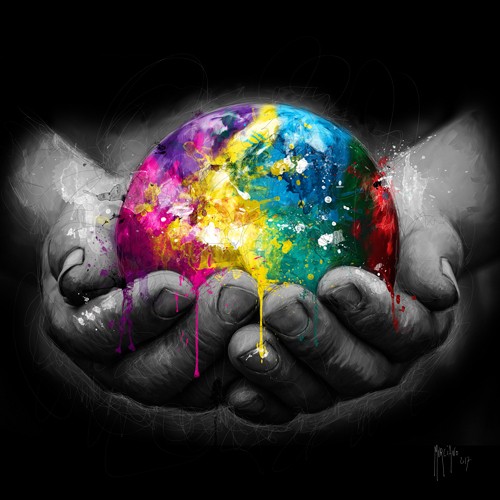Patrice Murciano, We Are the World (Hände, Kugel, Welt, Erde, Veräntwortung, Leuchtfarben, Neon, Schrill, Modern, Malerei, Jugendzimmer, Wohnzimmer, Schlafzimmer, bunt)