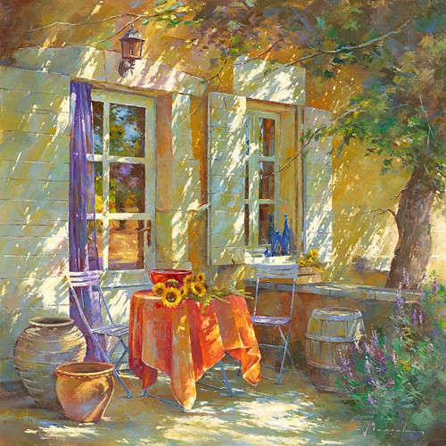 Johan Messely, Bouquet de tournesols (Garten,  Natur, Mediterran, Terrasse, Haus, Pflanzen,  Entspannung, Ruhe, Schatten, Idylle, Sonnenlicht, Nostalgie, Wohnzimmer, Wintergarten, Malerei, Wunschgröße, bunt)