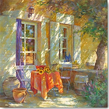 Johan Messely, Bouquet de tournesols (Garten, Lokal, Bistro, französisch, Mediterran, Terrasse, Haus, Pflanzen,  Sommer, Idylle, Sonnenlicht, Nostalgie, Wohnzimmer, Esszimmer, Malerei, bunt)