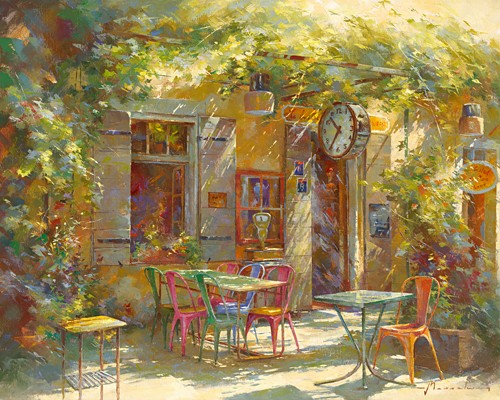 Johan Messely, Au Bistrot de Marie (Garten, Bistro, Lokal, Mediterran, Terrasse, Haus, Pflanzen,  Sommer, Idylle, Sonnenlicht, Nostalgie, Wohnzimmer, Wintergarten, Malerei, Wunschgröße, bunt)
