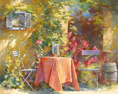 Johan Messely, Belle provençale (Garten,  Natur, Mediterran, Terrasse, Haus, Pflanzen,  Entspannung, Ruhe, Schatten, Idylle, Sonnenlicht, Nostalgie, Wohnzimmer, Wintergarten, Malerei, Wunschgröße, bunt)