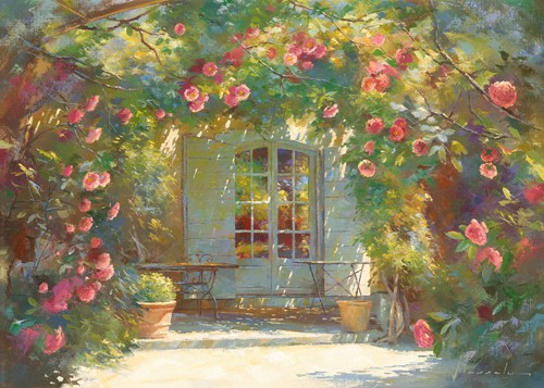 Johan Messely, Parfum d’été (Garten,  Rosen, Pergola, Mediterran, Terrasse, Haus, Pflanzen,  Entspannung, Ruhe, Schatten, Idylle, Sonnenlicht, Nostalgie, Wohnzimmer,  Malerei, Wunschgröße, bunt)