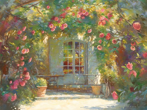 Johan Messely, Parfum d’été (Garten,  Rosen, Pergola, Mediterran, Terrasse, Haus, Pflanzen,  Entspannung, Ruhe, Schatten, Idylle, Sonnenlicht, Nostalgie, Wohnzimmer, Esszimmer, Malerei, bunt)