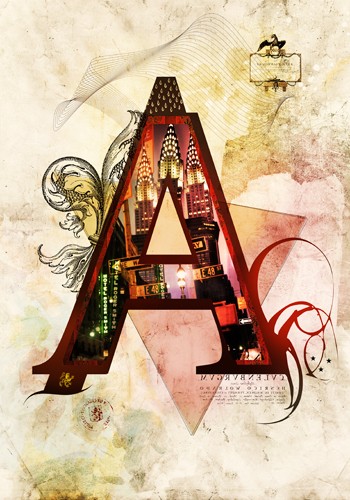 André Sanchez, Letter A (Buchstabe, Typografie, florale Ornamente, Architektur, Chrysler Building, Fotokunst, Augenarztpraxis, Wohnzimmer, Treppenhaus, Grafik, Wunschgröße, bunt)