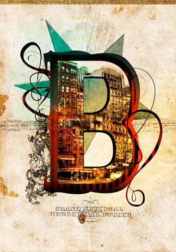 André Sanchez, Letter B (Buchstabe, Typografie, florale Ornamente, Architektur, Fotokunst, Augenarztpraxis, Wohnzimmer, Treppenhaus, Grafik, Wunschgröße, bunt)