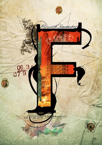 André Sanchez, Letter F (Buchstabe, Typografie, florale Ornamente, Architektur, Fotokunst, Augenarztpraxis, Wohnzimmer, Treppenhaus, Grafik, Wunschgröße, bunt)