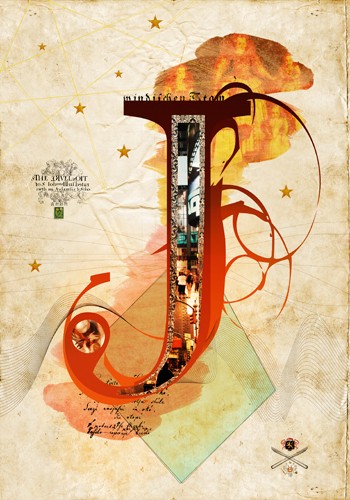 André Sanchez, Letter J (Buchstabe, Typografie, florale Ornamente, Architektur, Fotokunst, Augenarztpraxis, Wohnzimmer, Treppenhaus, Grafik, Wunschgröße, bunt)