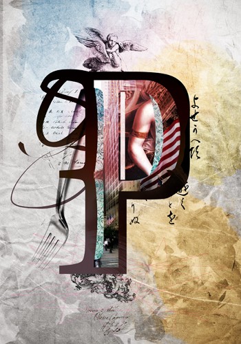 André Sanchez, Letter P (Buchstabe, Typografie, florale Ornamente, Architektur, Fotokunst, Augenarztpraxis, Wohnzimmer, Treppenhaus, Grafik, Wunschgröße, bunt)