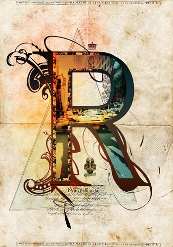 André Sanchez, Letter R (Buchstabe, Typografie, florale Ornamente, Architektur, Fotokunst, Augenarztpraxis, Wohnzimmer, Treppenhaus, Grafik, Wunschgröße, bunt)