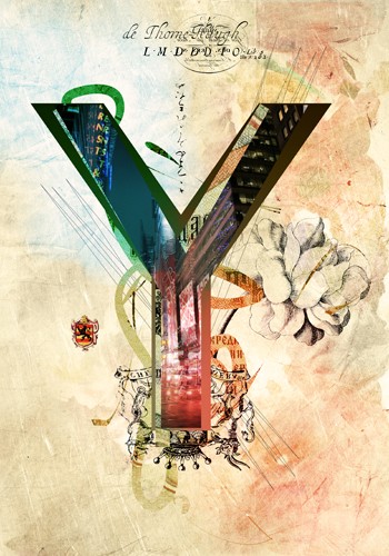 André Sanchez, Letter Y (Buchstabe, Typografie, florale Ornamente, Architektur, Fotokunst, Augenarztpraxis, Wohnzimmer, Treppenhaus, Grafik, Wunschgröße, bunt)