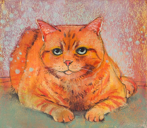 Loes Botman, Cat lying down (Katze, liegende Katze, niedlich,  putzig, Haustier, Tiere, Wohnzimmer, Treppenhaus, Wunschgröße, Malerei, bunt)
