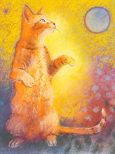 Loes Botman, Playing Cat (Katze, Hauskatze, Haustier, Spielen, Spaß, niedlich, Tiere, Wohnzimmer, Treppenhaus, Wunschgröße, Malerei, bunt)