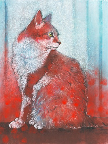 Loes Botman, Red Cat (Katze, Hauskatze, Haustier, Aufmerksamkeit, Tiere, Wohnzimmer, Treppenhaus, Wunschgröße, Malerei, bunt)
