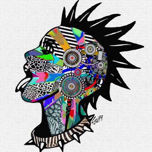 GRIFF, Punky (Punk, Irokes, Frisur, Stachelhalsband, geomtrische Ornamente, Zeichen, Pop Kultur, Pop art, grell, leuchtend, Ornamente, Grafik, Wohnzimmer, Jugendzimmer, Wunschgröße, bunt)